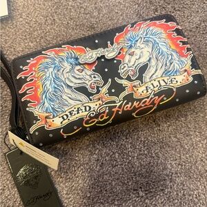Ed Hardy Black Zip Wallet with Multicolor Horse Flame Graphic